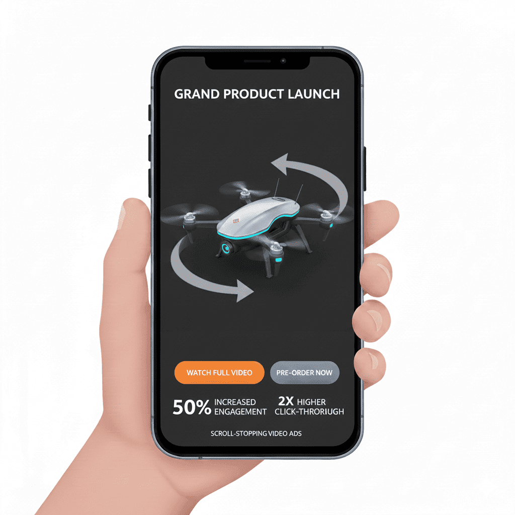 Product launch ad with 360° product video